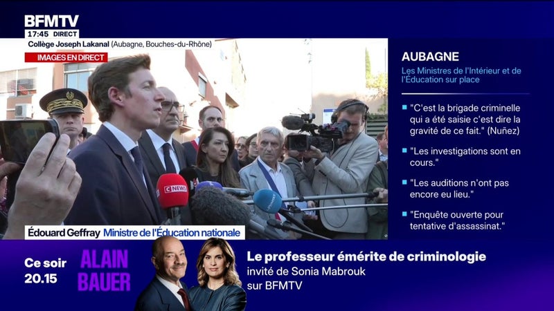 Tirs dans un collège à Aubagne: "Le collège n'accueillera pas d'élèves demain, il accueillera uniquement les professeurs", annonce le ministre de l'Éducation nationale Édouard Geffray