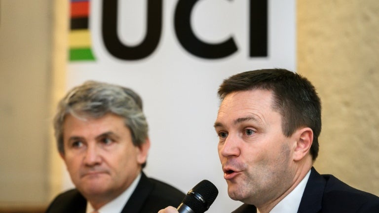 Le president de l UCI le Francais David Lappartient lors d une conference de presse pour devoiler les nouvelles mesures pour controler le dopage mecanique le 21 mars 2018 a Geneve 1360078