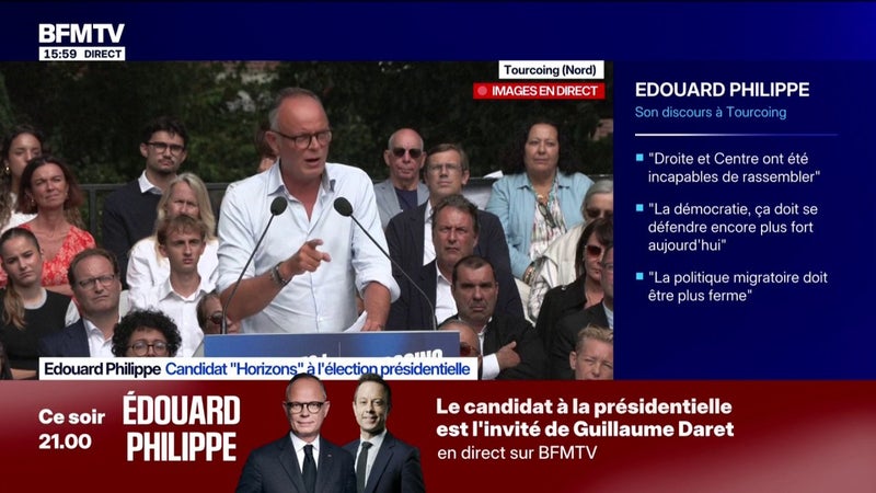 "Le sang et les larmes c'est lui", lance Édouard Philippe, candidat "Horizons" à l'élection présidentielle, à propos de Jean-Luc Mélenchon