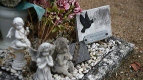 La tombe de la "Petite martyre de l'A10", retrouvée dans un fossé de l'autoroute en août 1987, au cimetière de Suèvres, le 14 juin 2018 dans le Loir-et-Cher