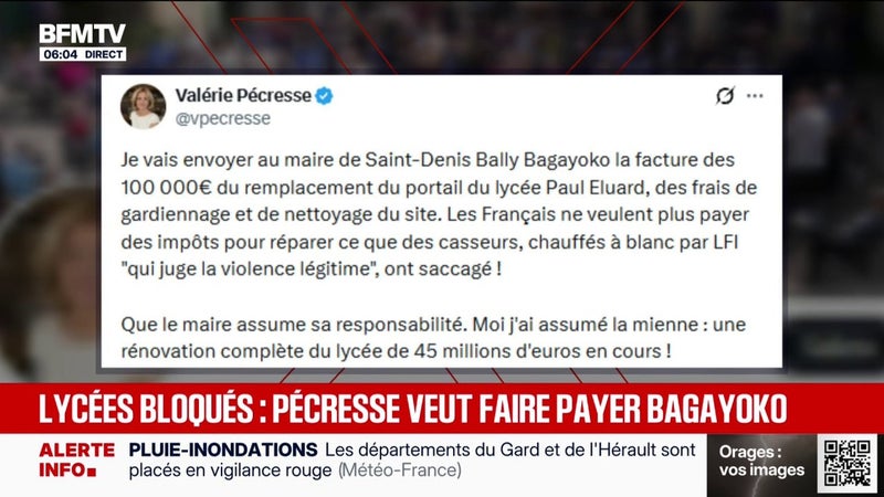 Lycées bloqués à Saint-Denis: la présidente de la région Île-de-France, Valérie Pécresse, souhaite "envoyer la facture" des dégradations à Bally Bagayoko