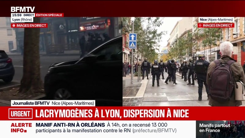 24 octobre: après le canon à eau, les manifestants sont dispersés par des gazs lacrymogènes à Nice