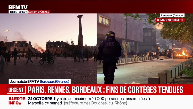 Manifestations du 31 octobre: les forces de l'ordre tentent d'évacuer la place de la Victoire, à Bordeaux