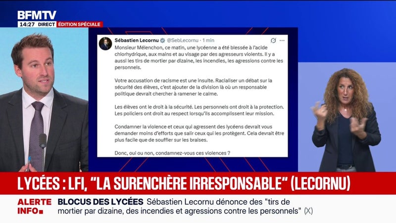 Blocage des lycées: passe d'armes entre Sébastien Lecornu et Jean-Luc Mélenchon
