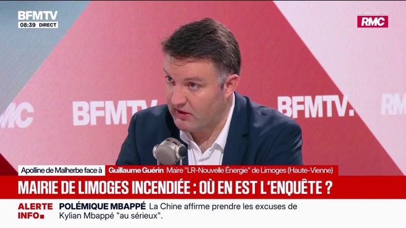 Incendie de la mairie de Limoges: "Il y a eu, pour moi, tentative d'homicide", déclare Guillaume Guérin, maire LR-Nouvelle Énergie de Limoges
