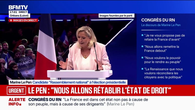 "Nous rétablirons nos frontières et même une double frontière française et européenne", déclare Marine Le Pen, candidate RN à l'élection présidentielle