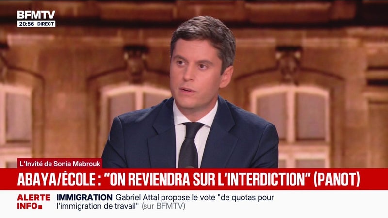 Interdiction du voile sur l'espace public proposée par le RN: "Je ne suis pas favorable", déclare Gabriel Attal, candidat à l'élection présidentielle