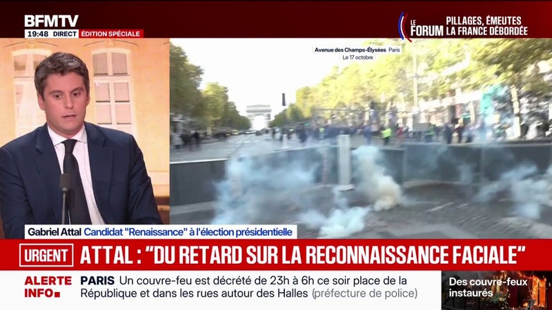 Pillages, casseurs: "On a un retard en France sur l'usage de la reconnaissance faciale et de l'IA", observe Gabriel Attal, candidat Renaissance à la présidentielle