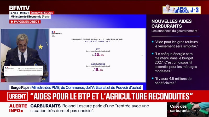 Prime carburant: "Son plafond passe de 600 à 1.000 euros", annonce Serge Papin, ministre des PME, du Commerce, de l'Artisanat et du Pouvoir d'achat