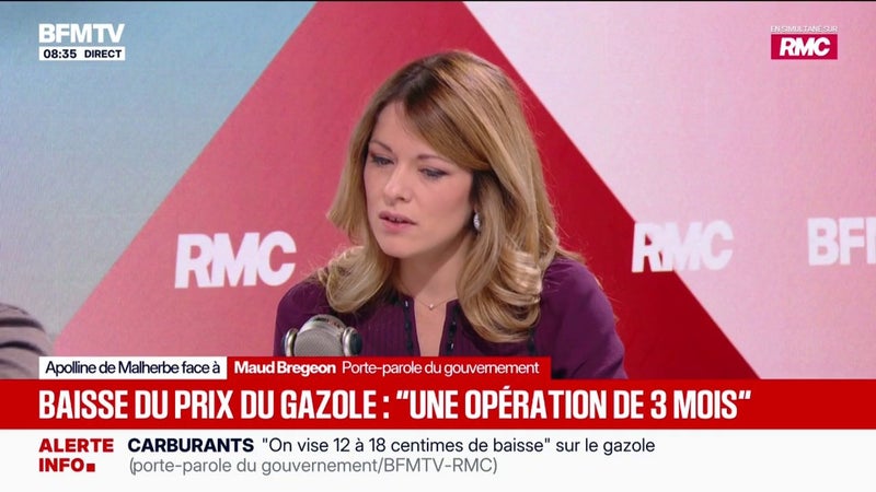 Baisse des prix du carburant: "C'est une opération qui dure trois mois", déclare Maud Bregeon, porte-parole du gouvernement au sujet de l'opération de libération des stocks de gazole