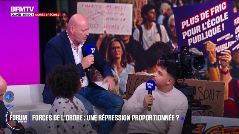 FORUM BFMTV - L'échange tendu entre Jean-Christophe Couvy, du syndicat de police Unité et Iliès, étudiant à Paris 1