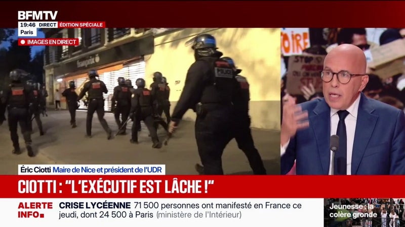 "Je ne crois pas que l'exécutif va prendre ce chemin, car l'exécutif est lâche", déclare Éric Ciotti, président de l'UDR, qui demande la "révocation" du maire de Saint-Denis Bally Bagayoko