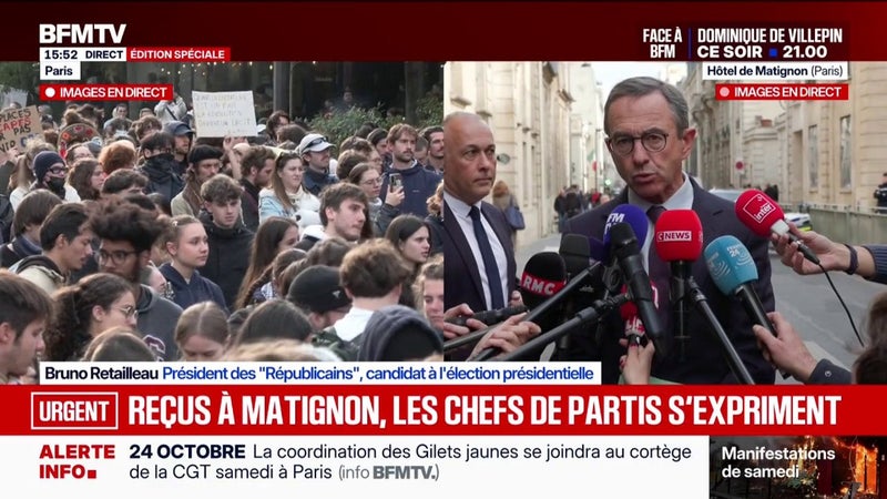 Réunion à Matignon: "J'ai demandé au Premier ministre de reconsidérer le calendrier" de la présidentielle, déclare Bruno Retailleau, président des Républicains, qui redoute des débordements le 1ier mai 2027