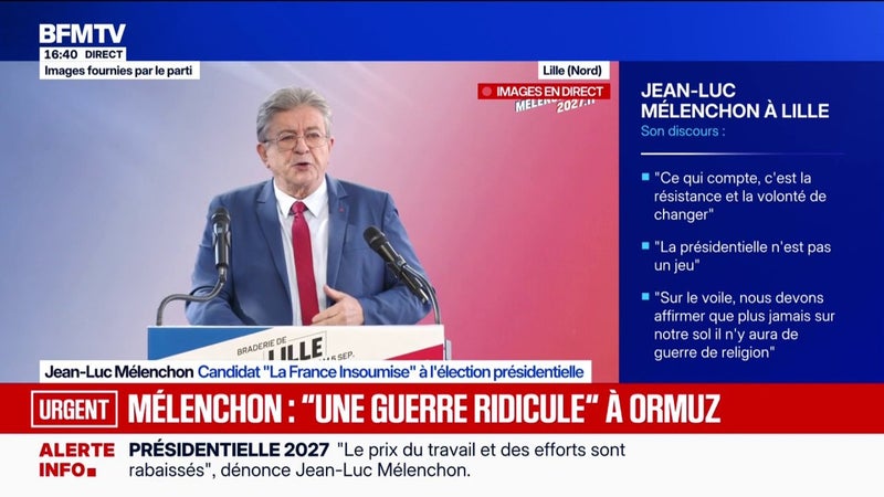 Guerre en Iran: Jean-Luc Mélenchon, candidat de La France insoumise à l'élection présidentielle, fustige "une guerre ridicule"