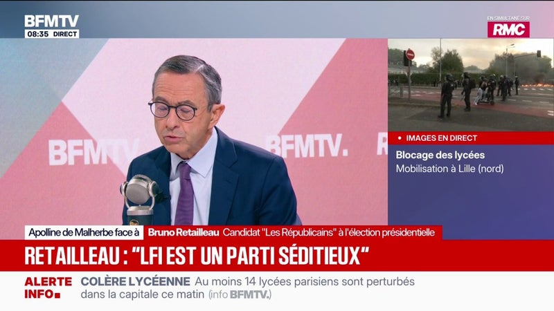Lycées bloqués: LFI est "un parti séditieux qui a une fascination pour la violence", affirme Bruno Retailleau (LR)