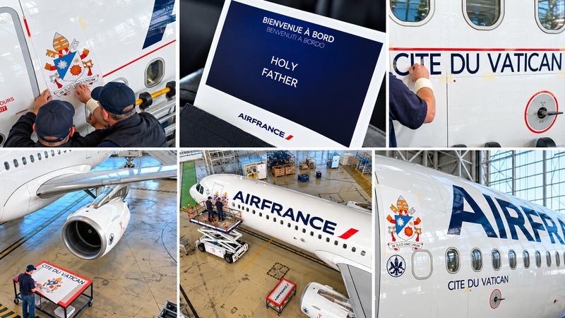 100 salariés de la compagnie mobilisés pour cette "mission historique": Air France a relooké un Airbus en avion "Cité du Vatican" pour transporter le Pape Léon XIV en France