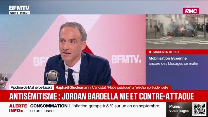 Propos antisémites attribués à Jordan Bardella: "À la fin, le fond ressort et le vernis craque", déclare Raphaël Glucksmann, candidat "Place publique" à l'élection présidentielle