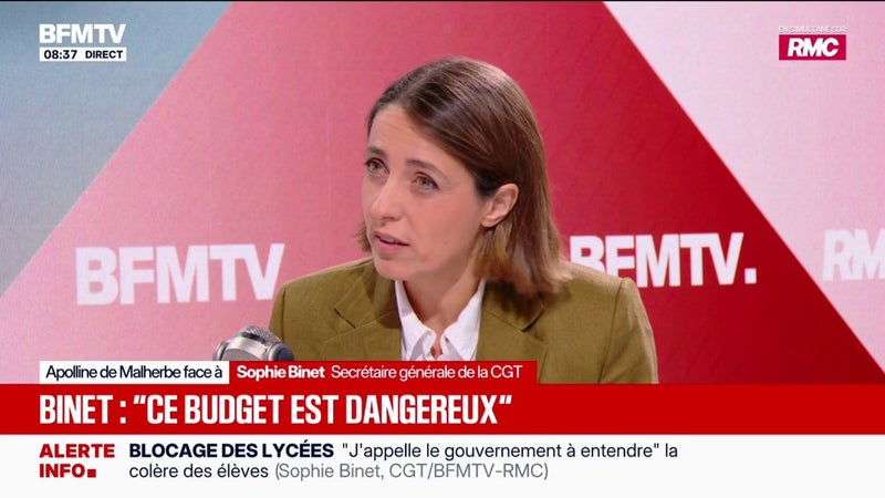 "Il n'y a aucun budget pour adapter la société au réchauffement climatique, c'est un budget dangereux", juge Sophie Binet, secrétaire générale de la CGT