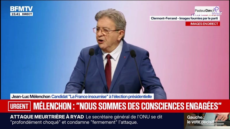 "Cette élection présidentielle ne ressemble à aucune autre avant", estime Jean-Luc Mélenchon, candidat LFI à la présidentielle, lors de son meeting à Clermont-Ferrand