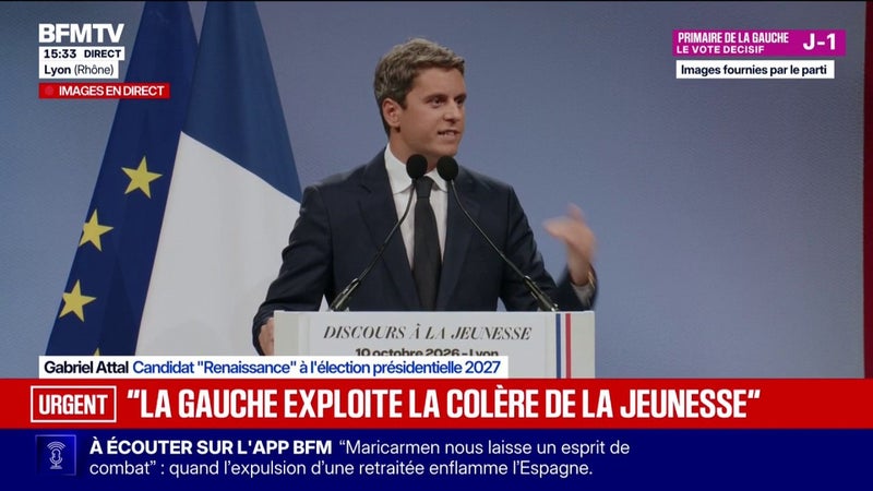 "Pendant que l'extrême gauche exploite la colère de la jeunesse, l'extrême droite se frotte les mains", déclare Gabriel Attal, candidat "Renaissance" à la présidentielle, en meeting à Lyon