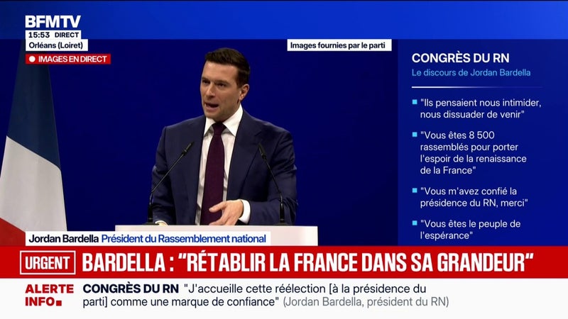 Congrès du RN: Jordan Bardella, président du Rassemblement national, accuse "les organisations d'ultra-gauche d'avoir tenté d'empêcher le premier parti de France d'organiser son congrès"