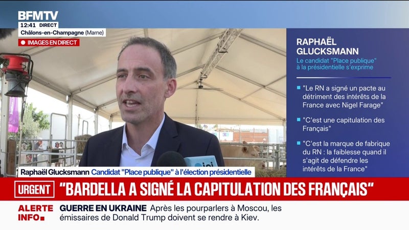 Raphaël Glucksmann, candidat "Place Publique" à la primaire de la gauche, estime que les actes du RN "sont toujours en contradiction avec les intérêts nationaux"