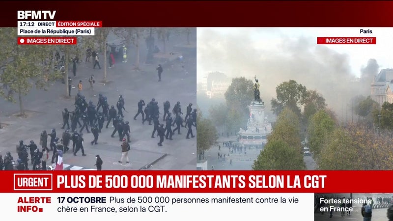 Mobilisation du 17 octobre: plus de 500.000 personnes manifestent en France selon la CGT