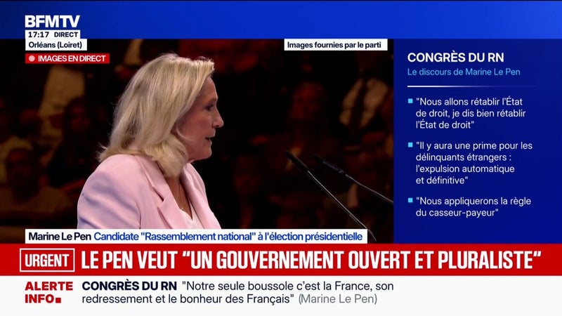 "Mon Premier ministre sera Jordan Bardella, il sera le chef d'un gouvernement ouvert et pluraliste", déclare Marine Le Pen, candidate RN à l'élection présidentielle
