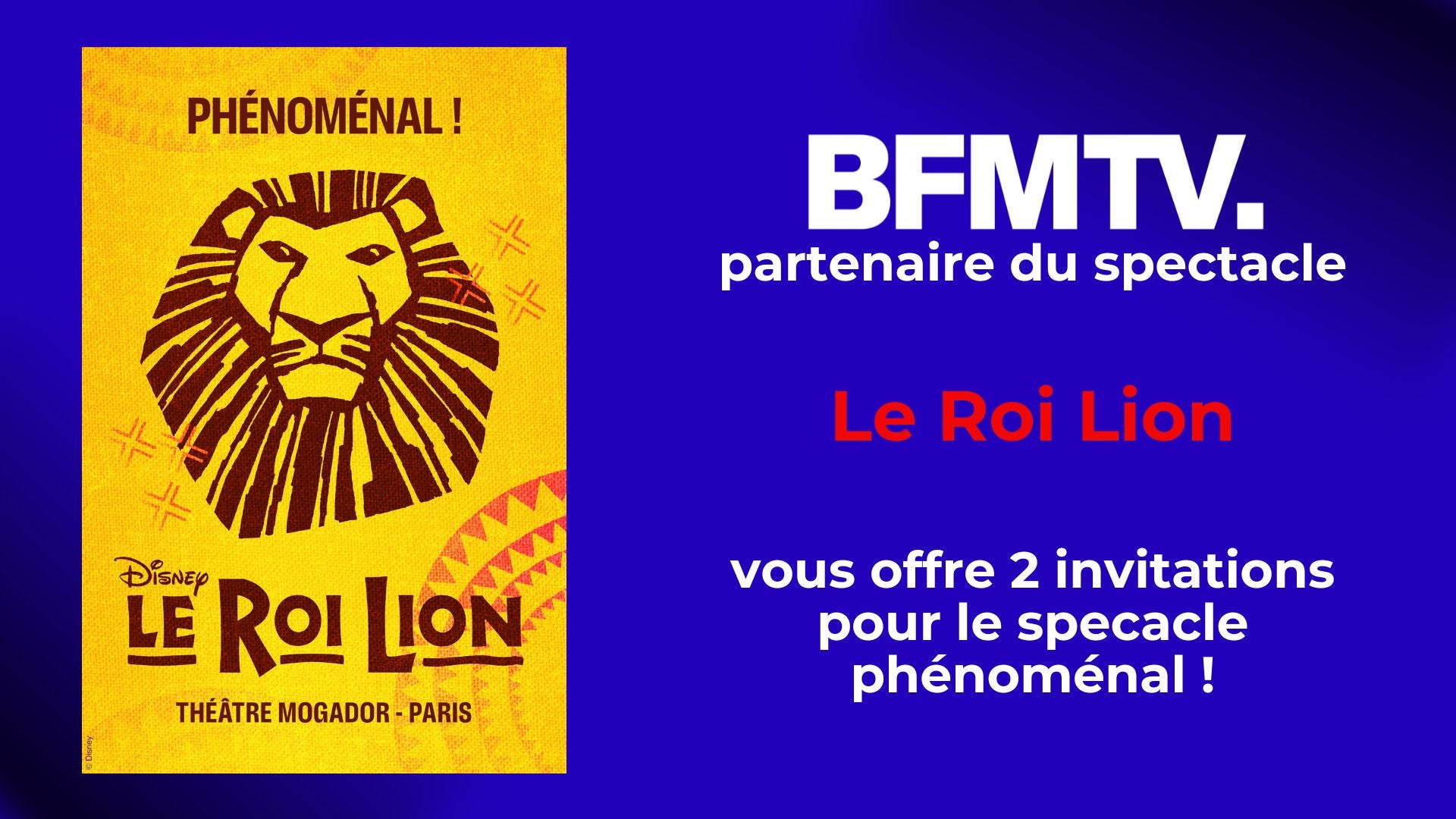 BFMTV VOUS OFFRE 2 INVITATIONS POUR LE SPECTACLE PHENOMENAL LE ROI LION !