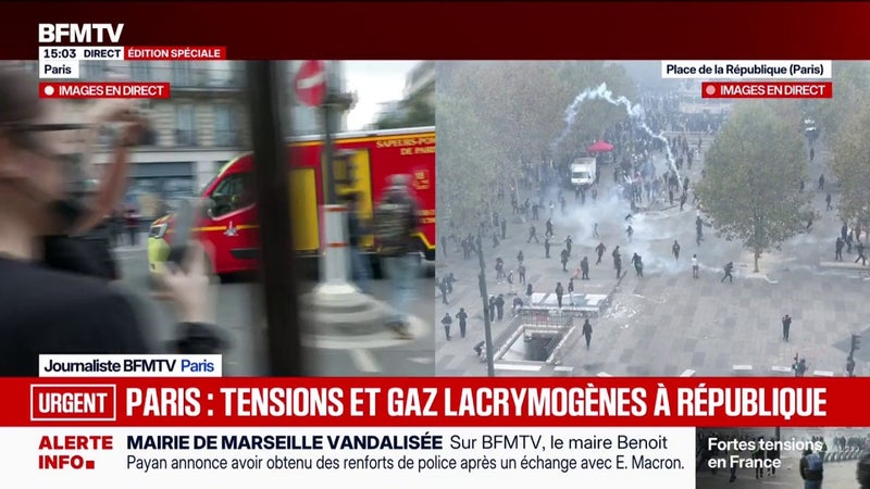 Manifestation du 17 octobre: les pompiers applaudis à leur arrivée place de la République à Paris