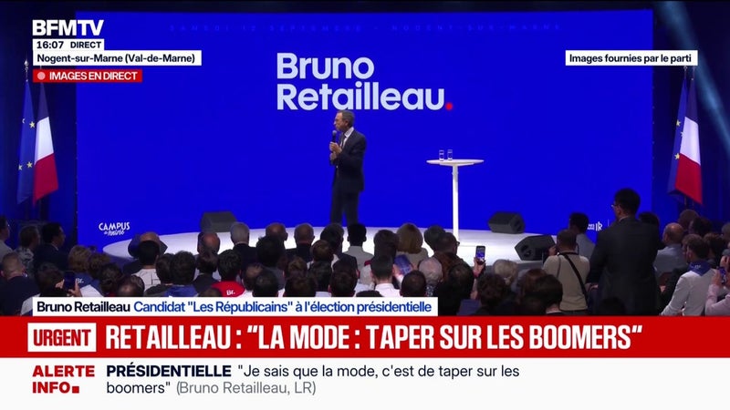 "La France est divisée entre deux camps", déclare Bruno Retailleau, candidat "Les Républicains" à l'élection présidentielle lors de son meeting à Nogent-sur-Marne