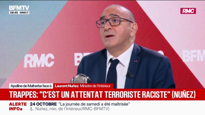 Attentat raciste à Trappes: l'état psychiatrique du principal suspect "ne change rien à la gravité de l'acte", assure le ministre de l'Intérieur, qui pointe ses motivations liées à "l'ultradroite"