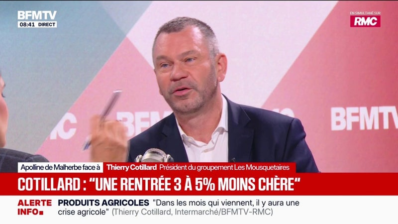 Thierry Cotillard, président du groupement Les Mousquetaires, explique qu'il y a une baisse de "3 à 5%" sur les fournitures scolaires