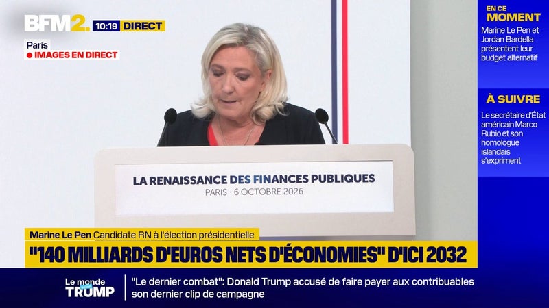 Marine Le Pen: sans "rupture politique, la France court vers le défaut" de paiement