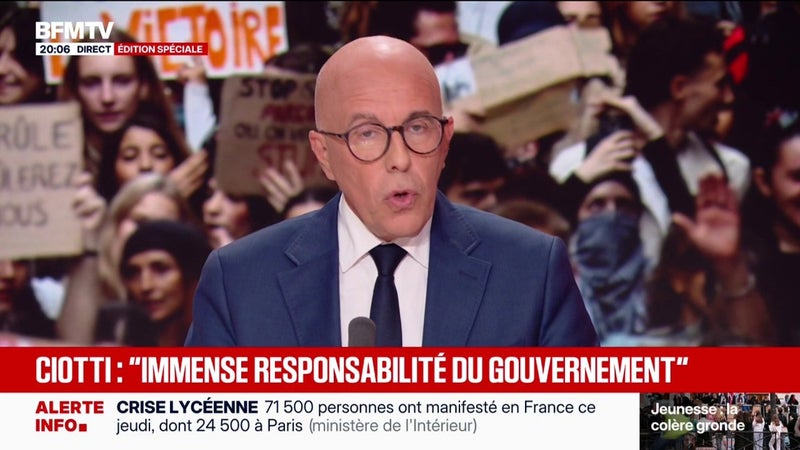 Colère lycéenne: "L'ordre doit être maintenu", martèle Éric Ciotti, président de l'UDR. "Merci aux policiers, merci aux gendarmes"