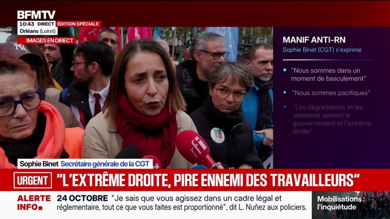 Manifestations du 24 octobre: "Ne cédons pas au piège de la division", lance Sophie Binet, secrétaire générale de la CGT