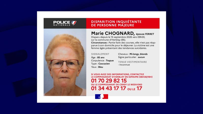Un appel à témoins lancé après la disparition inquiétante d'une femme de 85 ans dans le Val-d'Oise