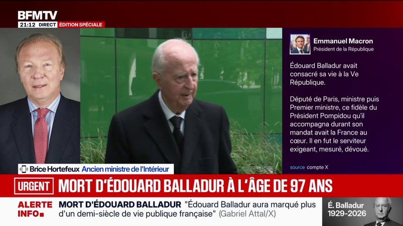"Un homme courageux qui avait une vision": Brice Hortefeux, ancien ministre de l’Intérieur, rend hommage à Édouard Balladur