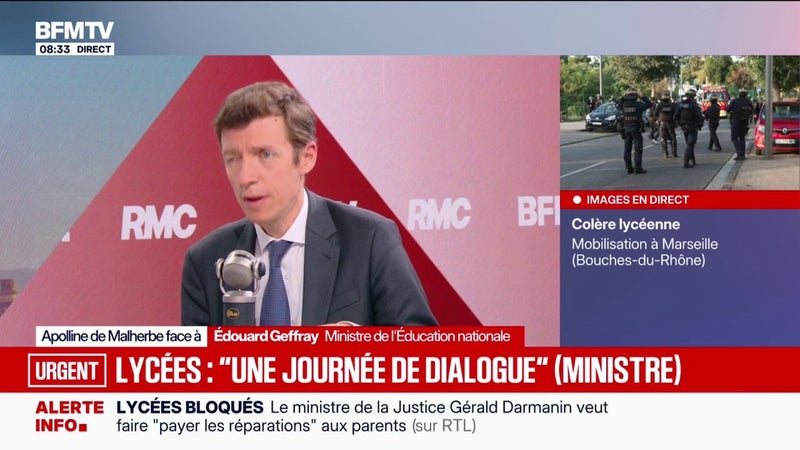 Édouard Geffray, ministre de l'Éducation nationale, évoque "au moins plusieurs dizaines, voire plus d'une centaine de lycées qui ont connu des dégradations sévères" depuis le début de la semaine