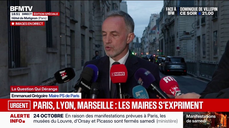 Manifestations: "On a partagé notre souhait d'être mieux associés au processus de préparations", indique Emmanuel Grégoire, maire PS de Paris, après une réunion à Matignon