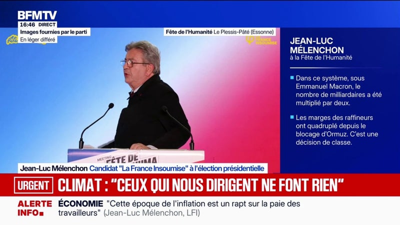 Pouvoir d'achat: "Il y a des mesures d'urgence à prendre [...] D'abord, le blocage des prix et le blocage des marges", déclare Jean-Luc Mélenchon, candidat LFI à l'élection présidentielle