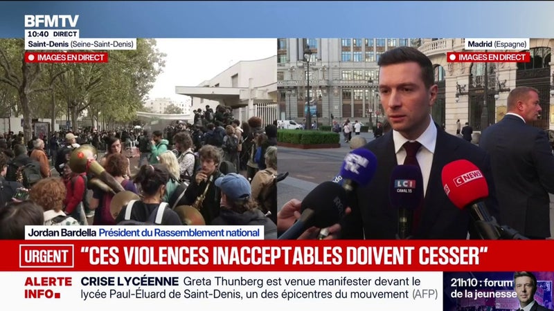 Mouvement lycéen: "Ces violences doivent maintenant cesser et sont insupportables", lance Jordan Bardella, président du RN