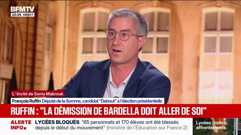 Écrits antisémites attribués à Jordan Bardella: pour François Ruffin, candidat "Debout" à l'élection présidentielle, "la démission [du président du RN] doit aller de soi"