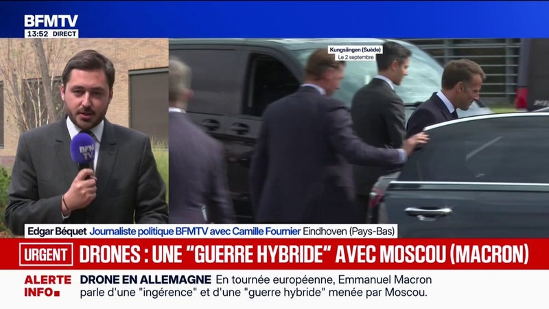 Emmanuel Macron prend cette affaire "très au sérieux", parle "d'ingérence" et de "guerre hybride", suite à l'incident impliquant un drone chargé d'explosifs, début août à l'aéroport allemand de Leipzig, et que l'Allemagne attribue à la Russie.