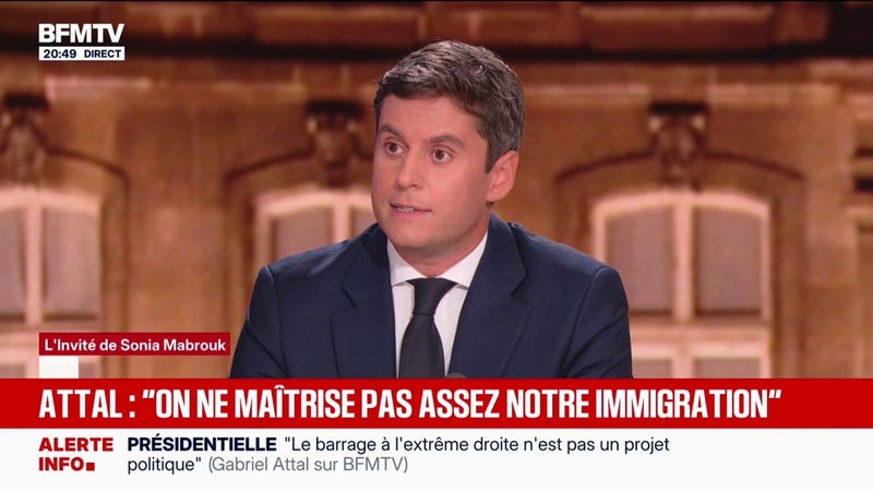 Couper l'aide à l'Ukraine: "Le RN défend les intérêts de Vladimir Poutine", déclare Gabriel Attal, candidat à l'élection présidentielle